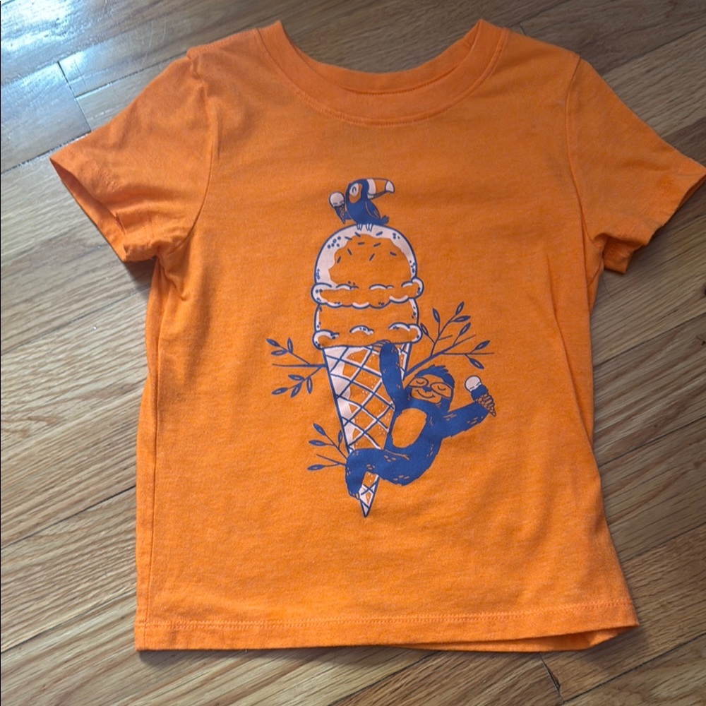 Orange Kids Shirt with Ice Cream and Sloth Design